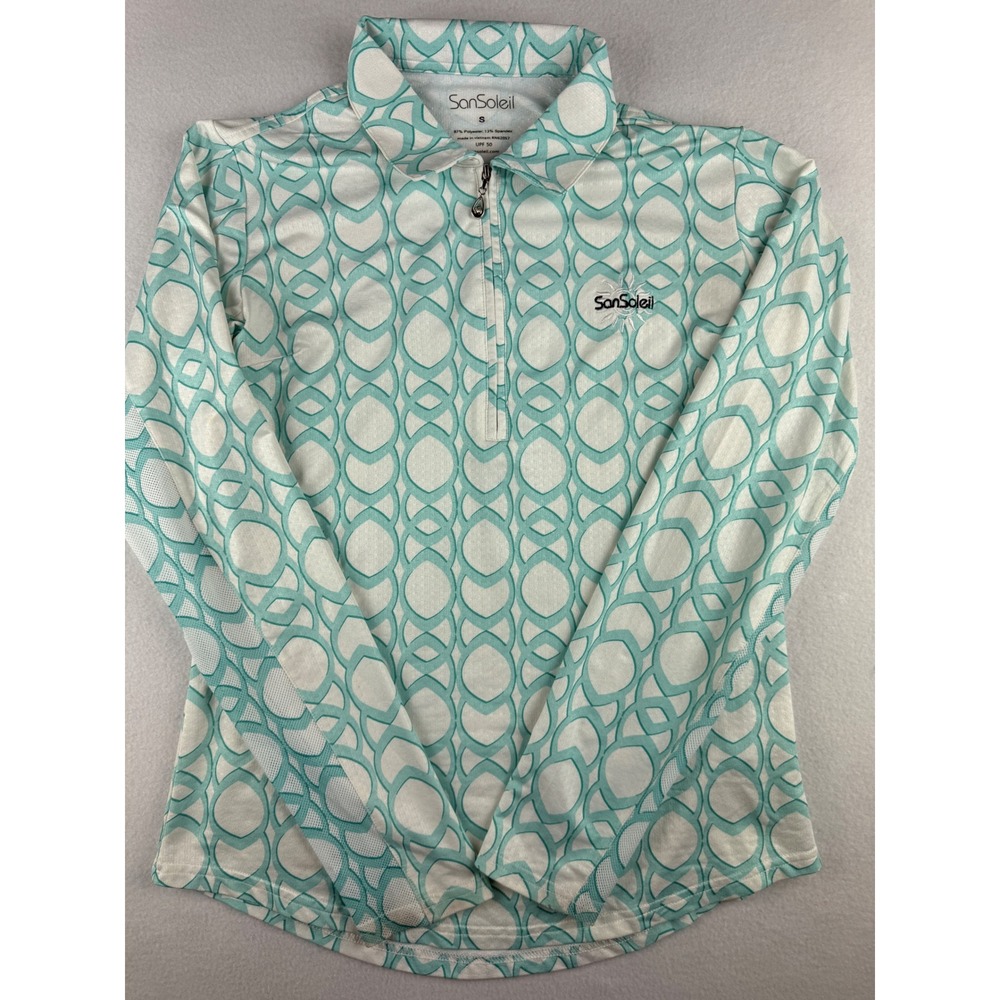 SanSoleil Womens S SolCool UPF 50 Quarter Zip Aqua Geometric Golf Top Pullover